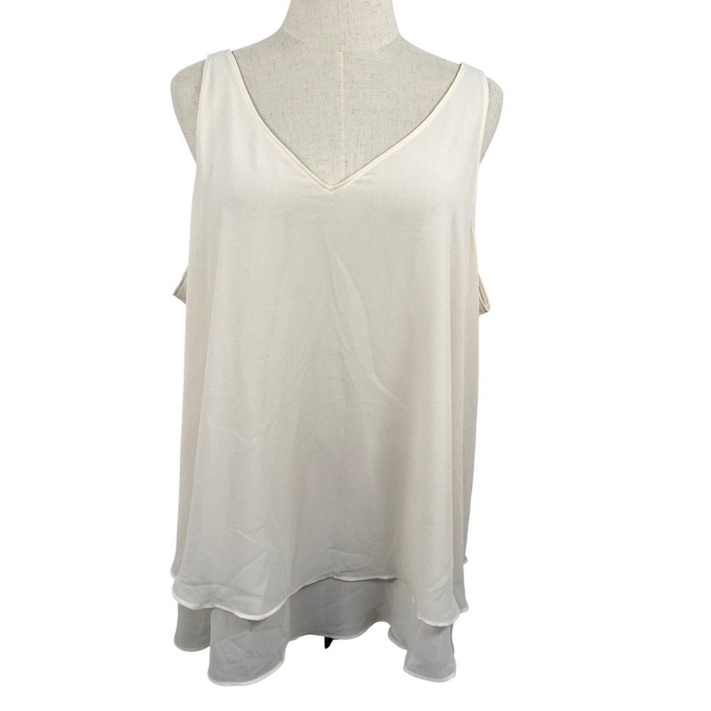 Lane Bryant 18 Swing Double Layer Tunic Blouse Ivory Chiffon V Neck Flowy Career